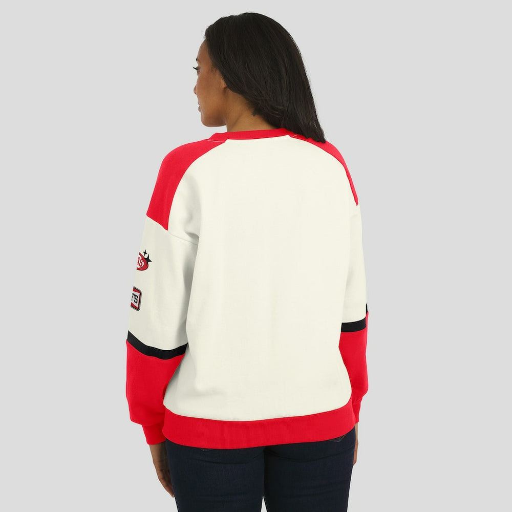 Kansas City Chiefs WEAR by Erin Andrews Women's Racing Crew V-Neck Sweatshirt - Cream discount