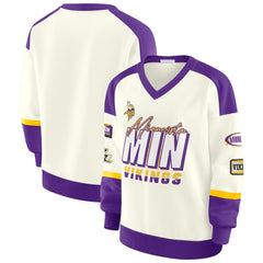 Minnesota Vikings WEAR by Erin Andrews Women's Racing Crew V-Neck Sweatshirt - Cream outlet