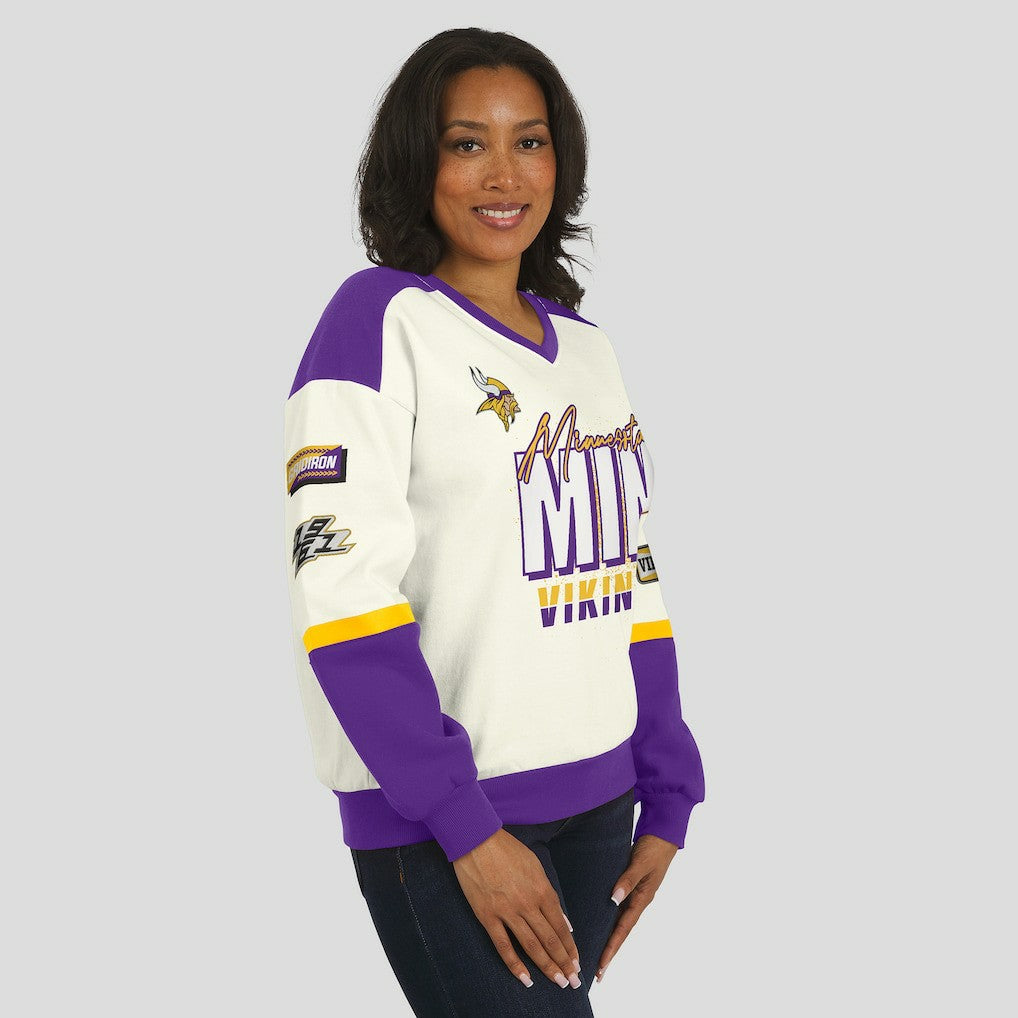 Minnesota Vikings WEAR by Erin Andrews Women's Racing Crew V-Neck Sweatshirt - Cream outlet