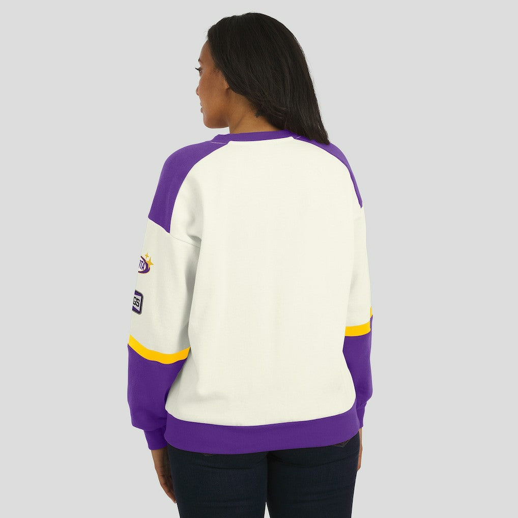 Minnesota Vikings WEAR by Erin Andrews Women's Racing Crew V-Neck Sweatshirt - Cream outlet