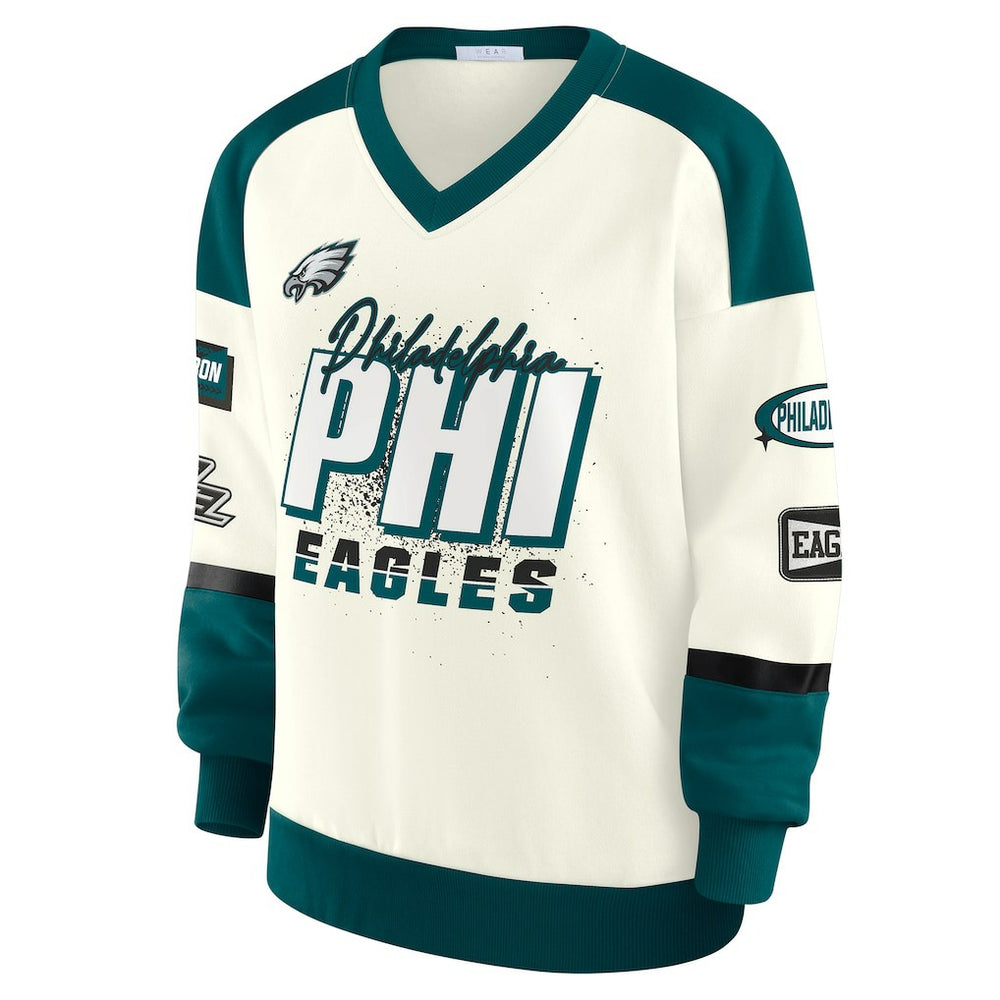 Philadelphia Eagles WEAR by Erin Andrews Women's Racing Crew V-Neck Sweatshirt - Cream outlet