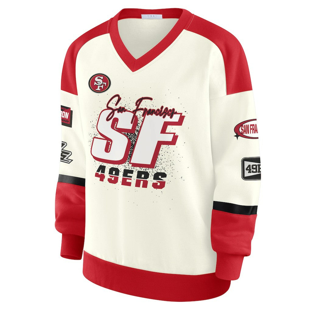 San Francisco 49ers WEAR by Erin Andrews Women's Racing Crew V-Neck Sweatshirt - Cream outlet
