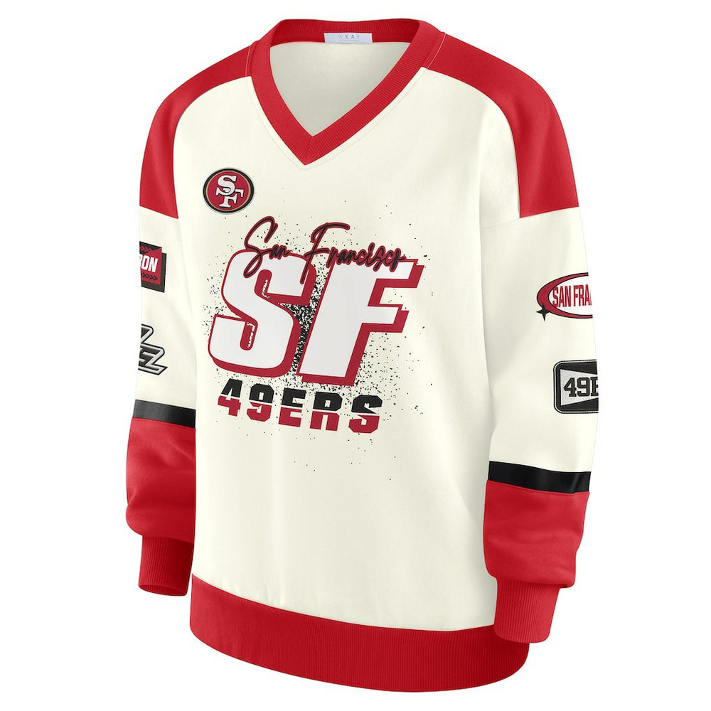 San Francisco 49ers WEAR by Erin Andrews Women's Racing Crew V-Neck Sweatshirt - Cream outlet
