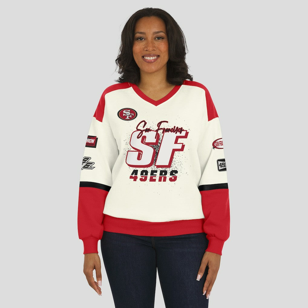 San Francisco 49ers WEAR by Erin Andrews Women's Racing Crew V-Neck Sweatshirt - Cream outlet