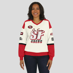 San Francisco 49ers WEAR by Erin Andrews Women's Racing Crew V-Neck Sweatshirt - Cream outlet