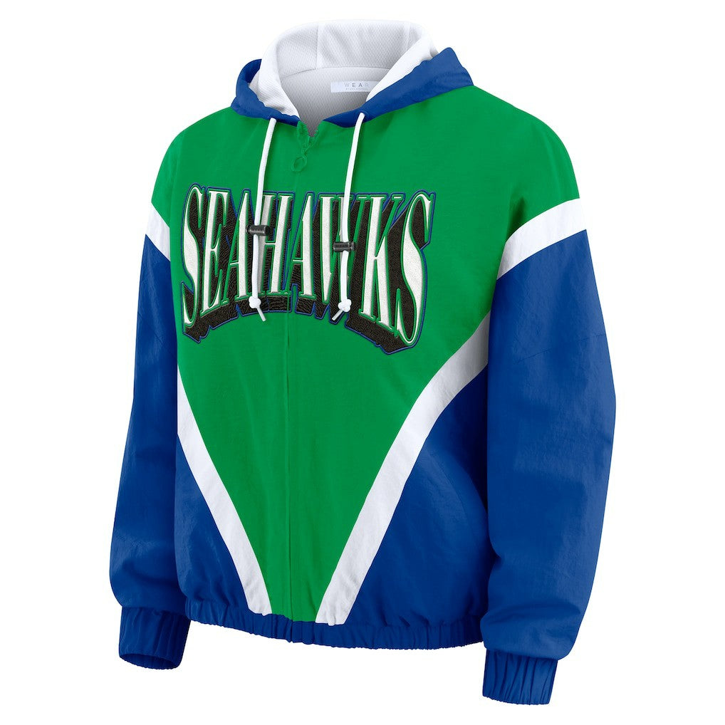 Seattle Seahawks WEAR by Erin Andrews Women's Plus Size Retro Crinkle Full-Zip Hoodie Windbreaker Jacket - Kelly Green/Royal discount