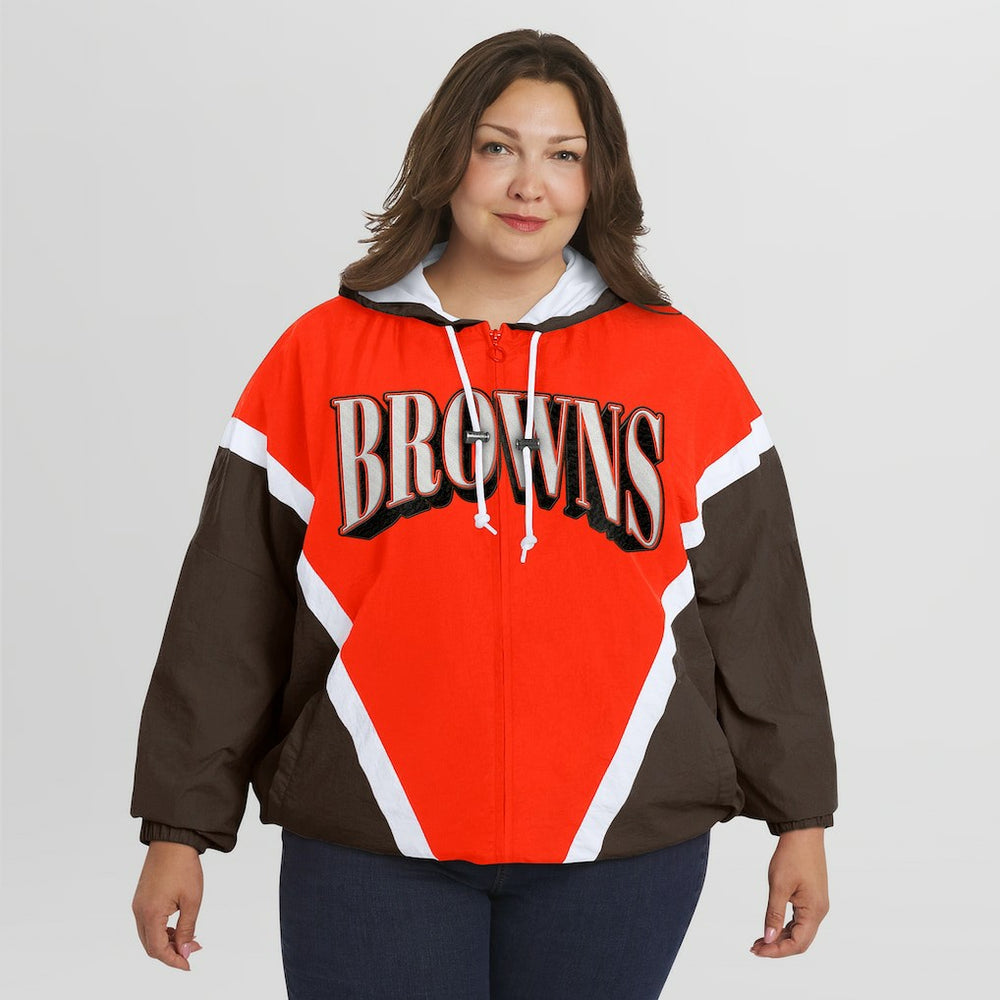Cleveland Browns WEAR by Erin Andrews Women's Plus Size Retro Crinkle Full-Zip Hoodie Windbreaker Jacket - Orange/Brown on sale