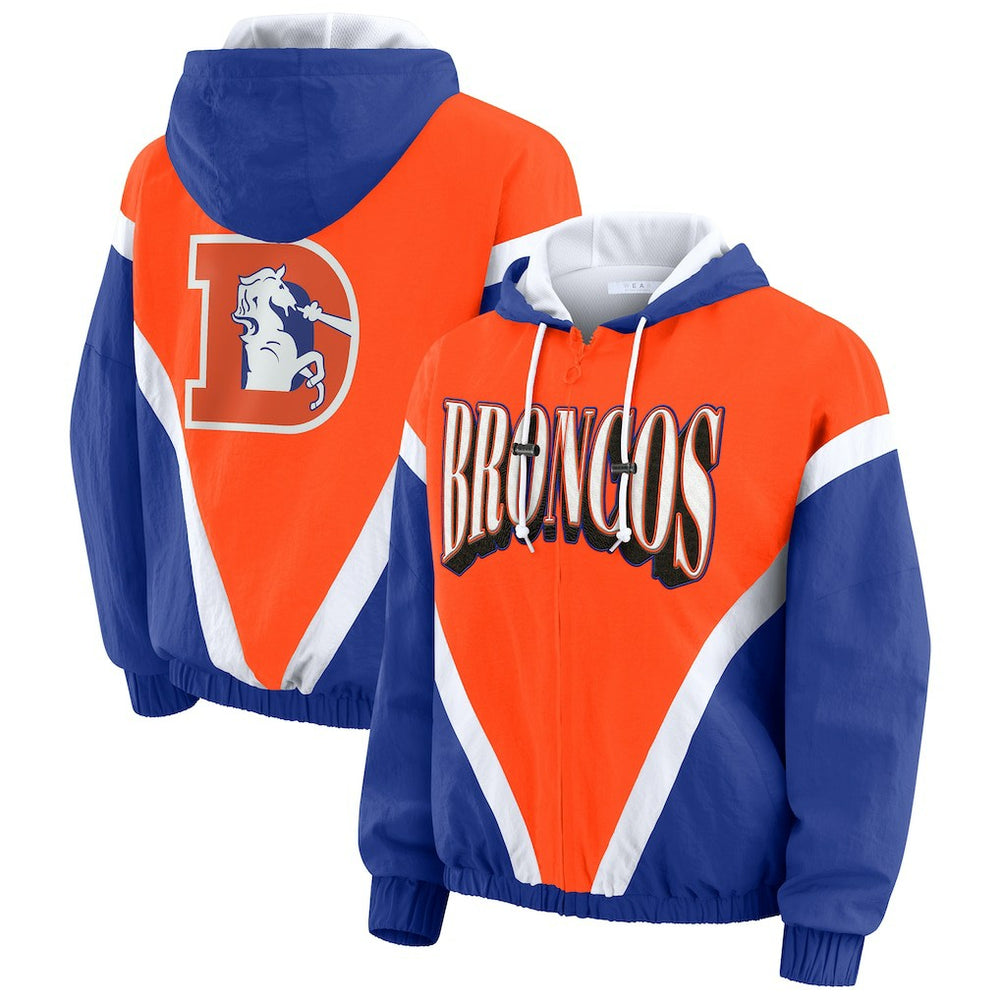 Denver Broncos WEAR by Erin Andrews Women's Plus Size Retro Crinkle Full-Zip Hoodie Windbreaker Jacket - Orange/Royal for sale