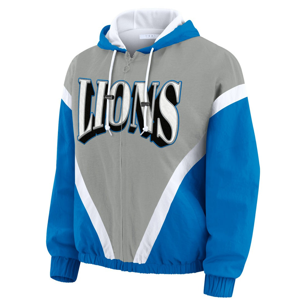 Detroit Lions WEAR by Erin Andrews Women's Plus Size Retro Crinkle Full-Zip Hoodie Windbreaker Jacket - Blue/Gray cheap