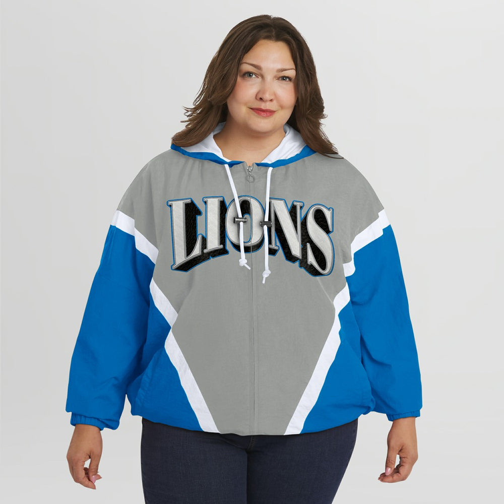 Detroit Lions WEAR by Erin Andrews Women's Plus Size Retro Crinkle Full-Zip Hoodie Windbreaker Jacket - Blue/Gray cheap