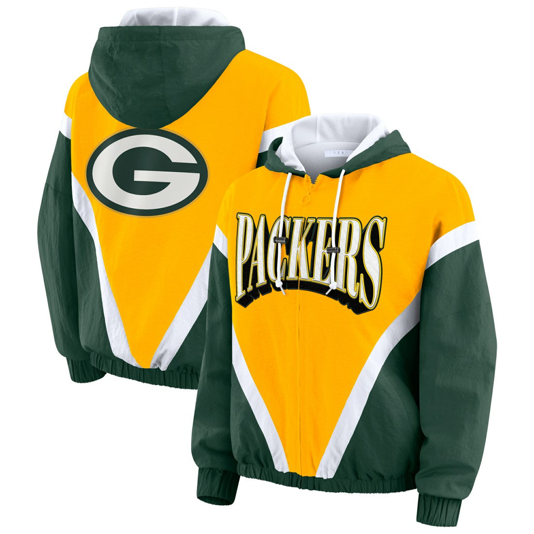 Green Bay Packers WEAR by Erin Andrews Women's Plus Size Retro Crinkle Full-Zip Hoodie Windbreaker Jacket - Gold/Green outlet
