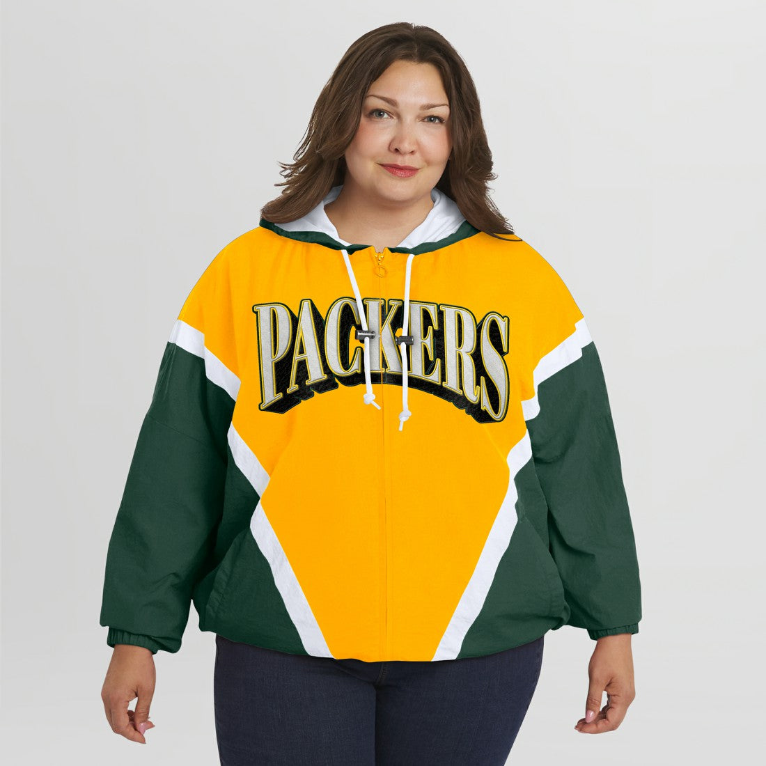 Green Bay Packers WEAR by Erin Andrews Women's Plus Size Retro Crinkle Full-Zip Hoodie Windbreaker Jacket - Gold/Green outlet