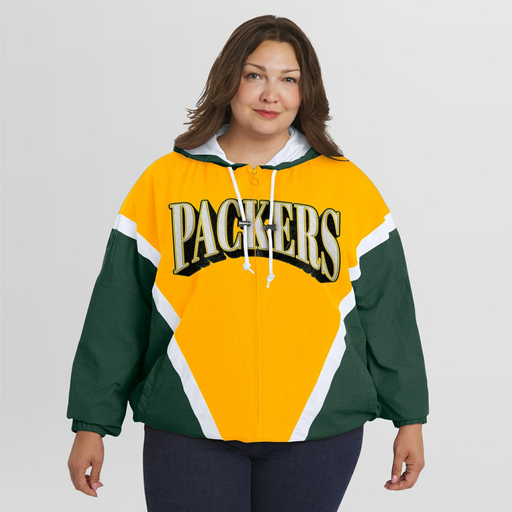 Green Bay Packers WEAR by Erin Andrews Women's Plus Size Retro Crinkle Full-Zip Hoodie Windbreaker Jacket - Gold/Green outlet