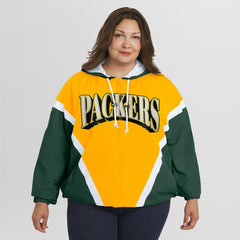 Green Bay Packers WEAR by Erin Andrews Women's Plus Size Retro Crinkle Full-Zip Hoodie Windbreaker Jacket - Gold/Green outlet