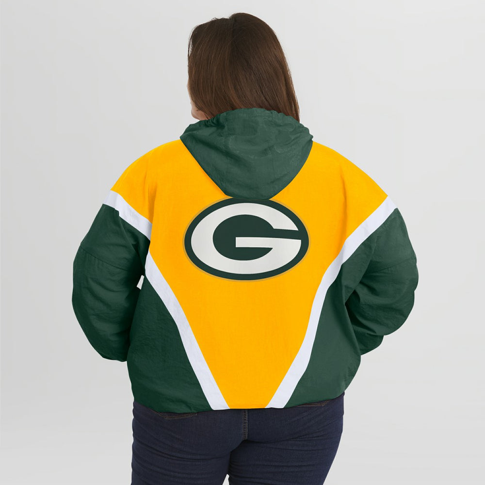 Green Bay Packers WEAR by Erin Andrews Women's Plus Size Retro Crinkle Full-Zip Hoodie Windbreaker Jacket - Gold/Green outlet