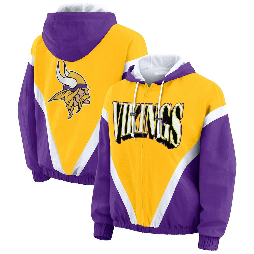 Minnesota Vikings WEAR by Erin Andrews Women's Plus Size Retro Crinkle Full-Zip Hoodie Windbreaker Jacket - Gold/Purple on sale