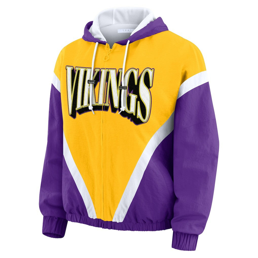 Minnesota Vikings WEAR by Erin Andrews Women's Plus Size Retro Crinkle Full-Zip Hoodie Windbreaker Jacket - Gold/Purple on sale