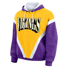 Minnesota Vikings WEAR by Erin Andrews Women's Plus Size Retro Crinkle Full-Zip Hoodie Windbreaker Jacket - Gold/Purple on sale