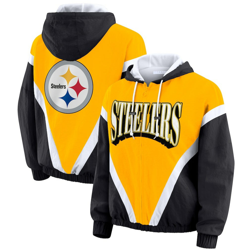 Pittsburgh Steelers WEAR by Erin Andrews Women's Plus Size Retro Crinkle Full-Zip Hoodie Windbreaker Jacket - Gold/Black cheap