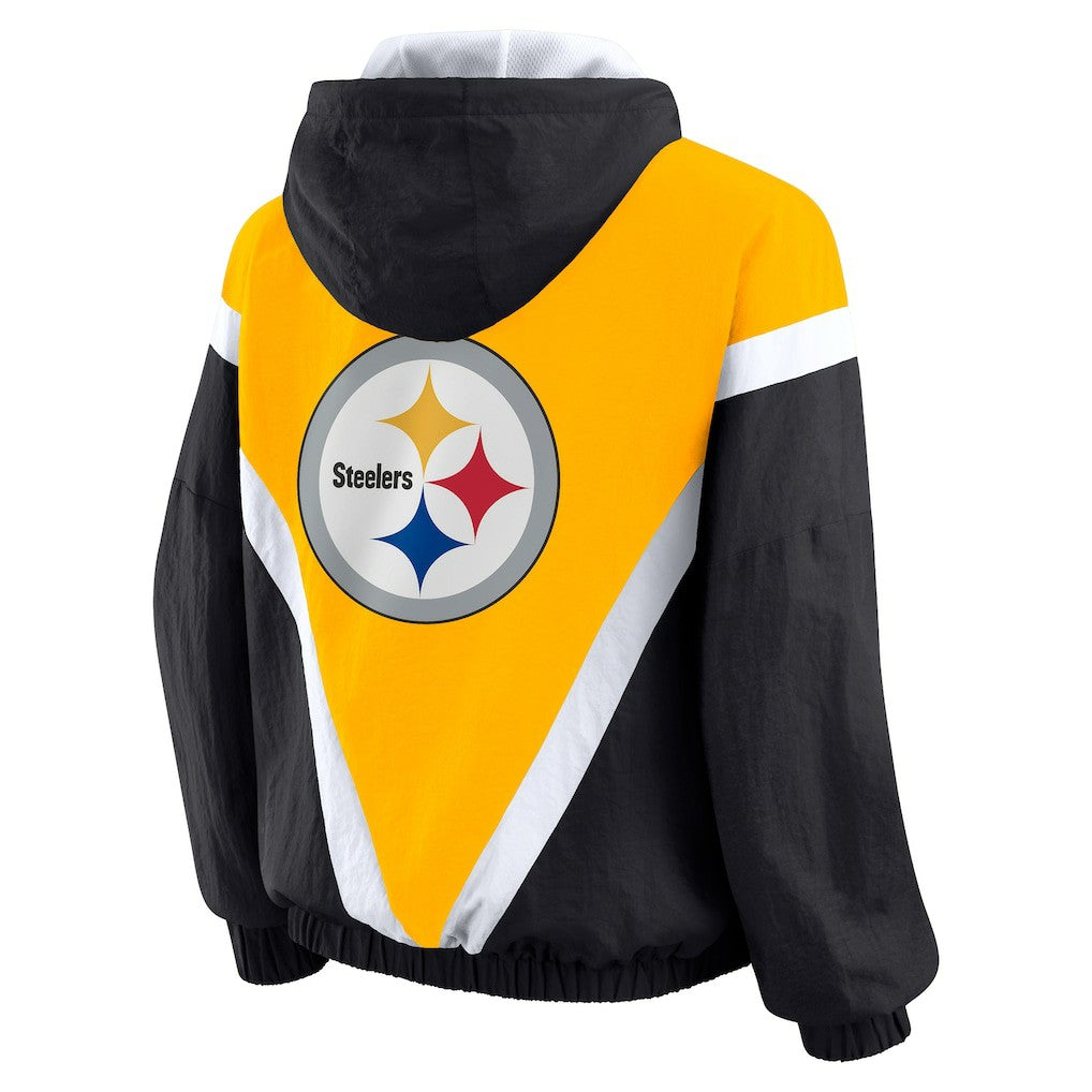 Pittsburgh Steelers WEAR by Erin Andrews Women's Plus Size Retro Crinkle Full-Zip Hoodie Windbreaker Jacket - Gold/Black cheap