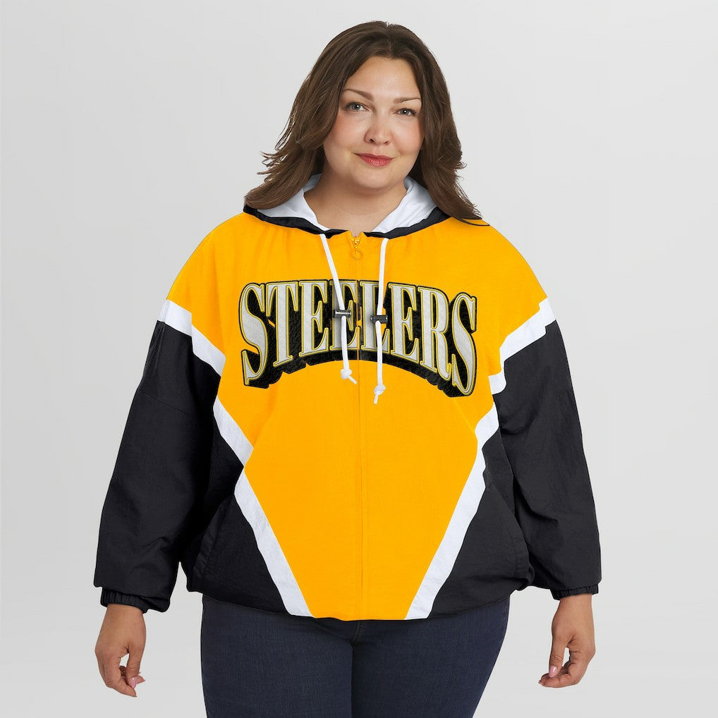 Pittsburgh Steelers WEAR by Erin Andrews Women's Plus Size Retro Crinkle Full-Zip Hoodie Windbreaker Jacket - Gold/Black cheap