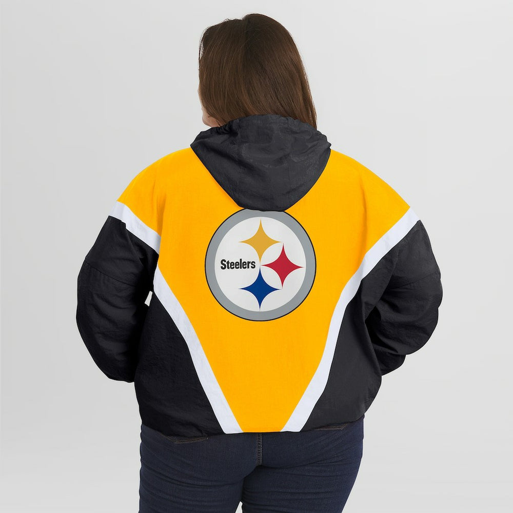 Pittsburgh Steelers WEAR by Erin Andrews Women's Plus Size Retro Crinkle Full-Zip Hoodie Windbreaker Jacket - Gold/Black cheap