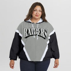 Las Vegas Raiders WEAR by Erin Andrews Women's Plus Size Retro Crinkle Full-Zip Hoodie Windbreaker Jacket - Black/Gray for sale