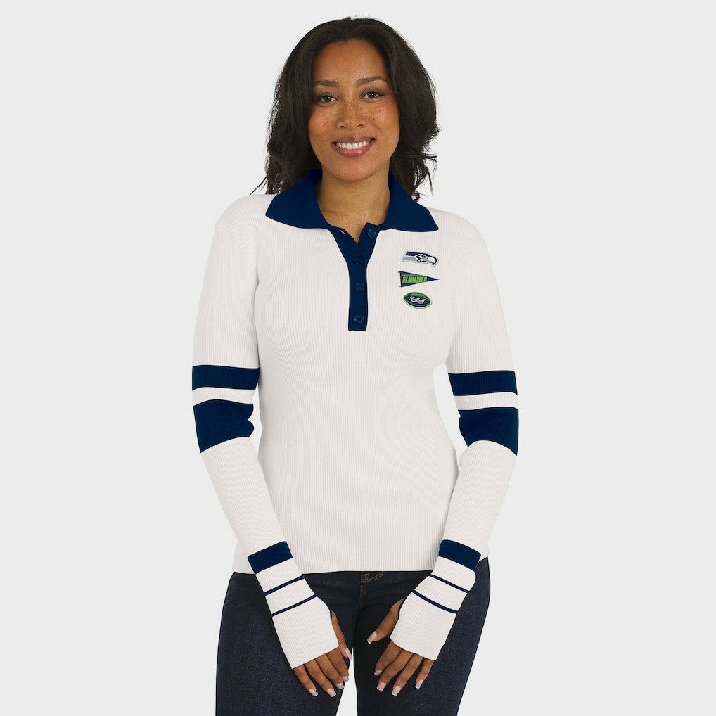 Seattle Seahawks WEAR by Erin Andrews Women's Ribbed Henley Polo Sweater - White discount