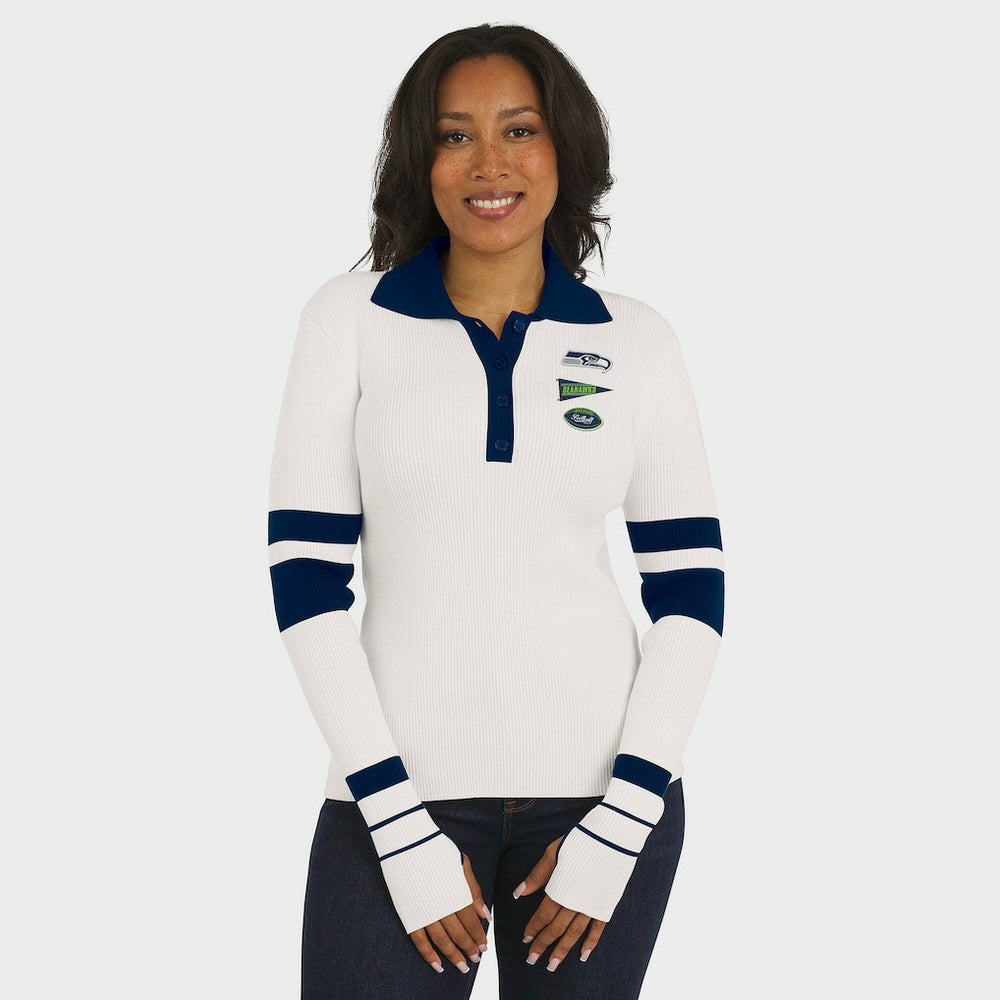 Seattle Seahawks WEAR by Erin Andrews Women's Ribbed Henley Polo Sweater - White discount