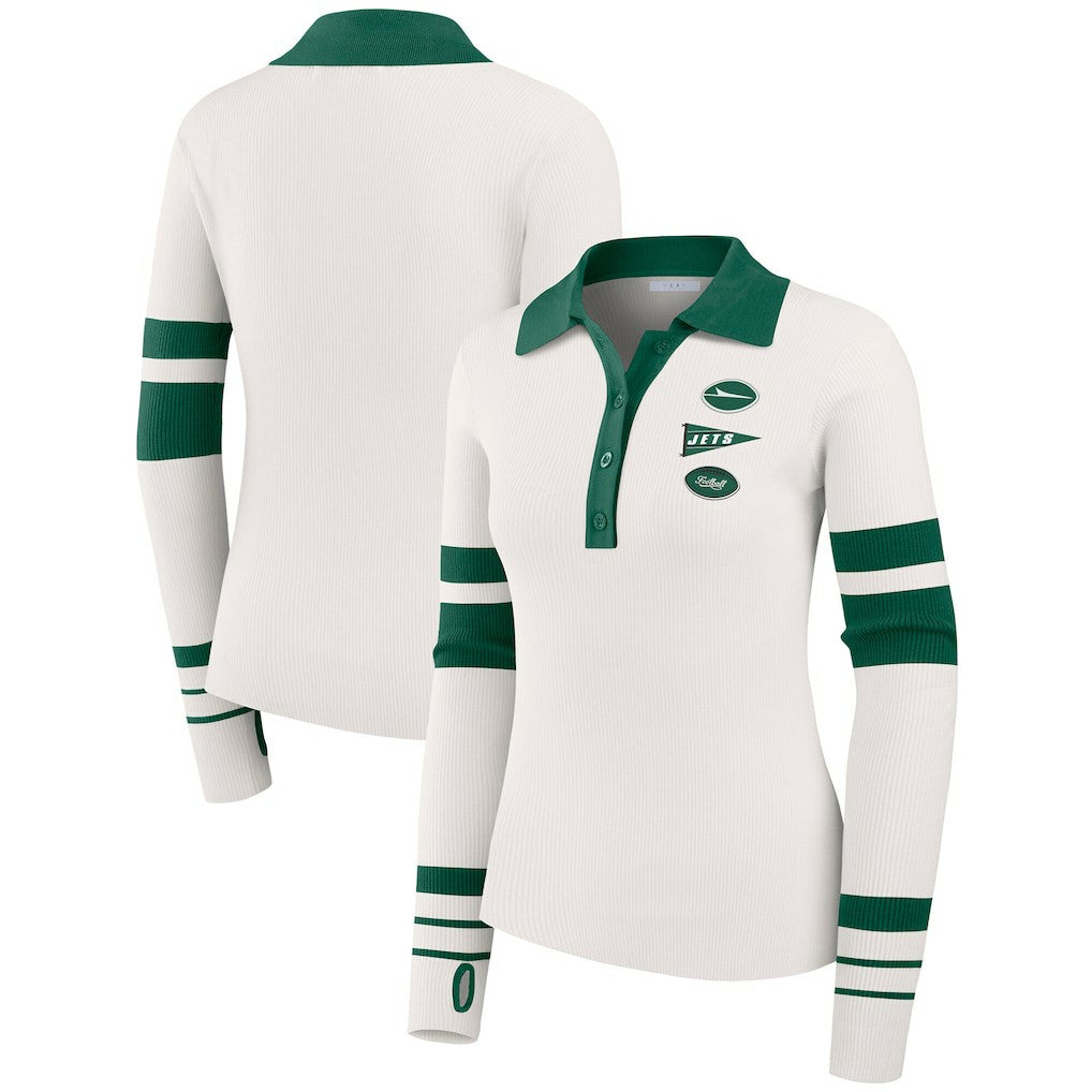 New York Jets WEAR by Erin Andrews Women's Ribbed Henley Polo Sweater - White on sale