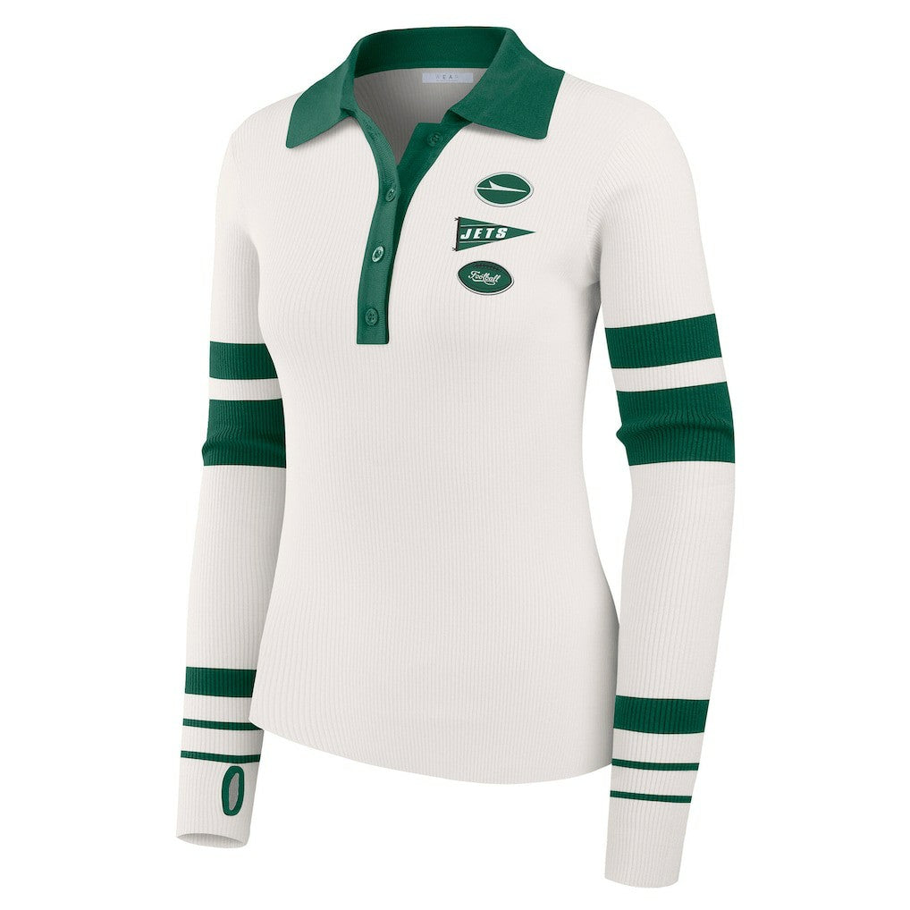 New York Jets WEAR by Erin Andrews Women's Ribbed Henley Polo Sweater - White on sale