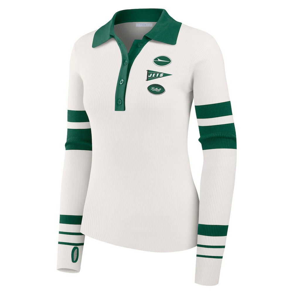 New York Jets WEAR by Erin Andrews Women's Ribbed Henley Polo Sweater - White on sale