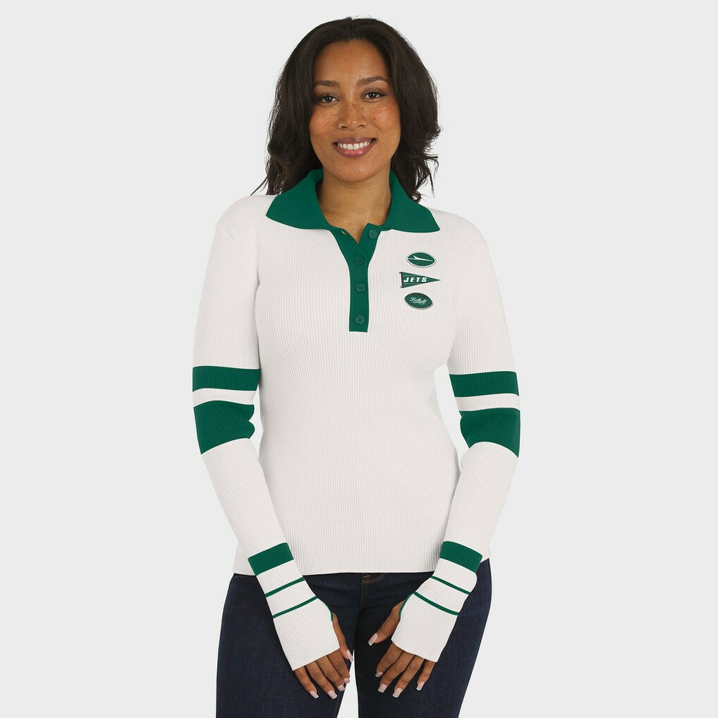 New York Jets WEAR by Erin Andrews Women's Ribbed Henley Polo Sweater - White on sale
