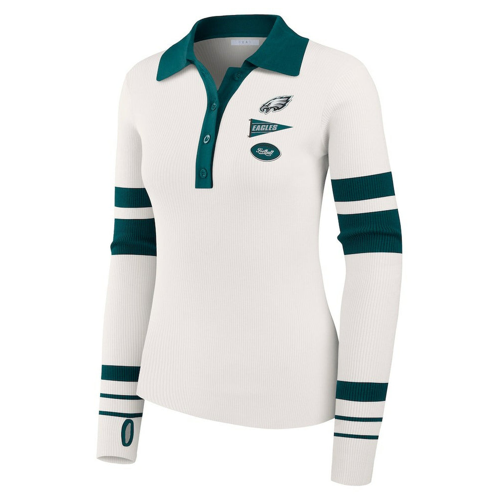 Philadelphia Eagles WEAR by Erin Andrews Women's Ribbed Henley Polo Sweater - White for sale