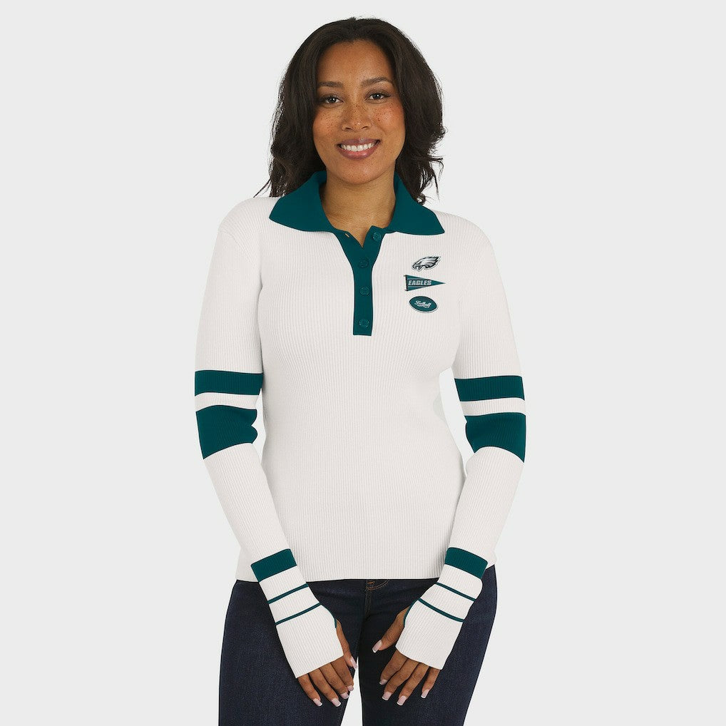 Philadelphia Eagles WEAR by Erin Andrews Women's Ribbed Henley Polo Sweater - White for sale