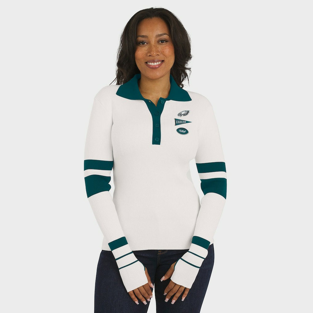 Philadelphia Eagles WEAR by Erin Andrews Women's Ribbed Henley Polo Sweater - White for sale