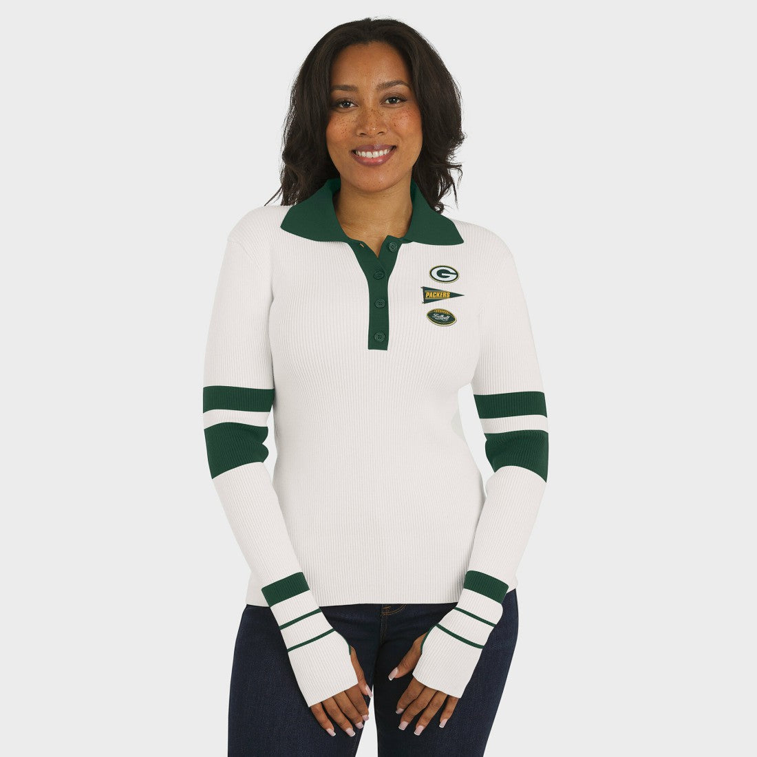 Green Bay Packers WEAR by Erin Andrews Women's Ribbed Henley Polo Sweater - White outlet