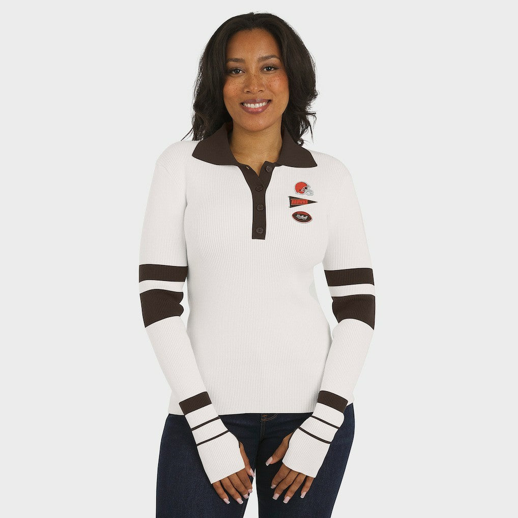 Cleveland Browns WEAR by Erin Andrews Women's Ribbed Henley Polo Sweater - White cheap