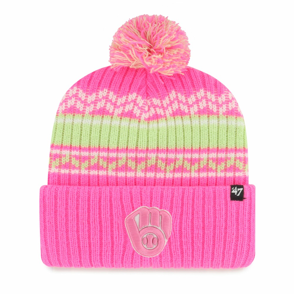 Milwaukee Brewers Youth Polar Vortex Cuffed Knit Hat with Pom Pink