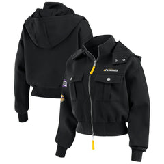 Minnesota Vikings WEAR by Erin Andrews Women's Tri-Blend Patch Pocket Cropped Full-Zip Bomber Hoodie Jacket - Black online