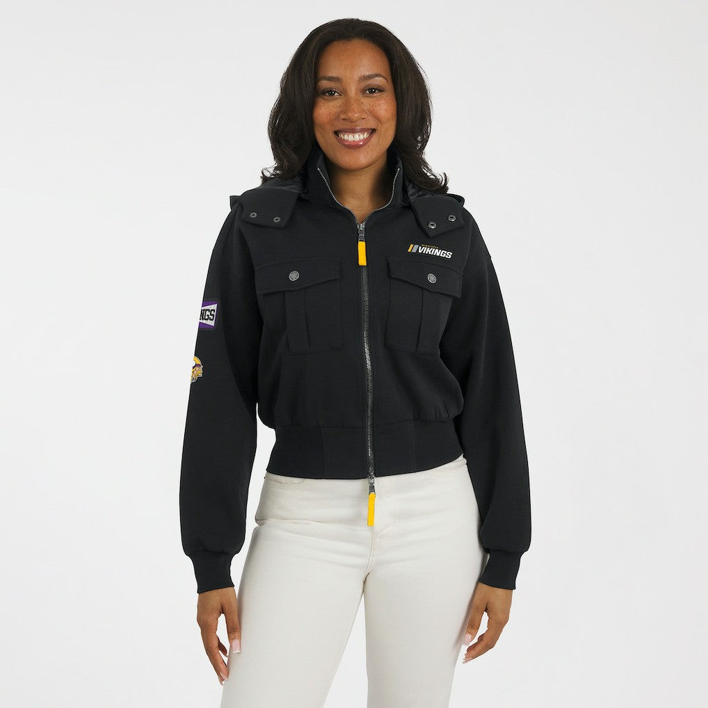 Minnesota Vikings WEAR by Erin Andrews Women's Tri-Blend Patch Pocket Cropped Full-Zip Bomber Hoodie Jacket - Black online