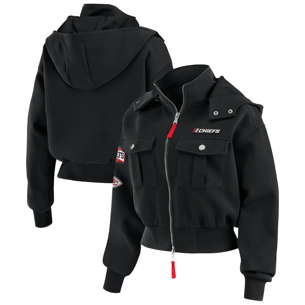 Kansas City Chiefs WEAR by Erin Andrews Women's Tri-Blend Patch Pocket Cropped Full-Zip Bomber Hoodie Jacket - Black on sale
