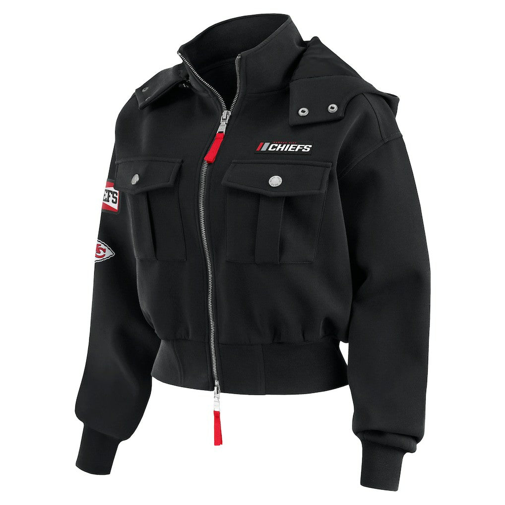 Kansas City Chiefs WEAR by Erin Andrews Women's Tri-Blend Patch Pocket Cropped Full-Zip Bomber Hoodie Jacket - Black on sale