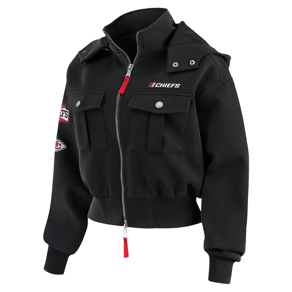 Kansas City Chiefs WEAR by Erin Andrews Women's Tri-Blend Patch Pocket Cropped Full-Zip Bomber Hoodie Jacket - Black on sale