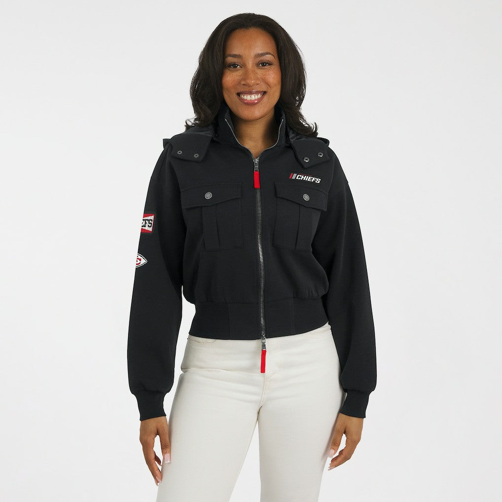 Kansas City Chiefs WEAR by Erin Andrews Women's Tri-Blend Patch Pocket Cropped Full-Zip Bomber Hoodie Jacket - Black on sale