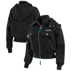Jacksonville Jaguars WEAR by Erin Andrews Women's Tri-Blend Patch Pocket Cropped Full-Zip Bomber Hoodie Jacket - Black online