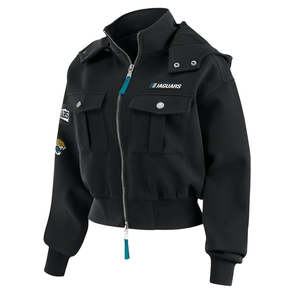 Jacksonville Jaguars WEAR by Erin Andrews Women's Tri-Blend Patch Pocket Cropped Full-Zip Bomber Hoodie Jacket - Black online