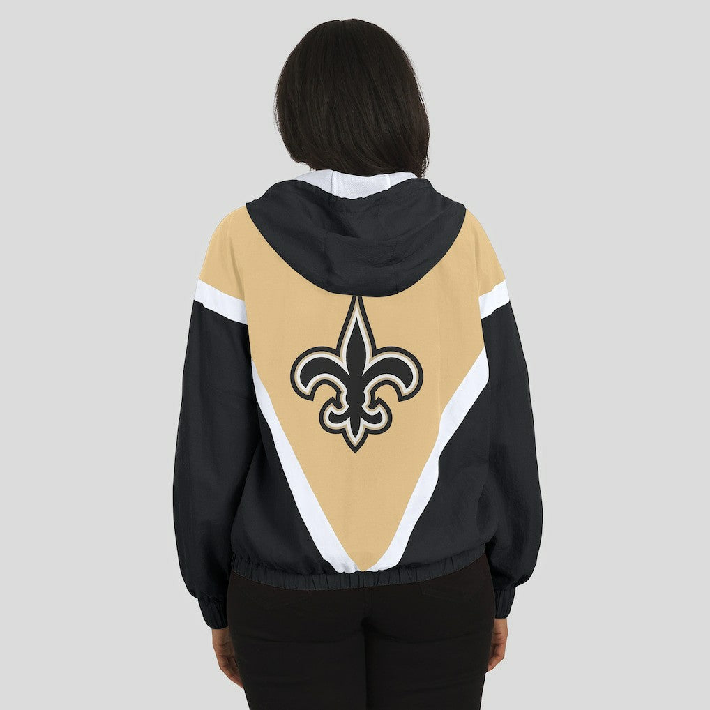 New Orleans Saints WEAR by Erin Andrews Women's Retro Crinkle Full-Zip Hoodie Windbreaker - Gold/Black online