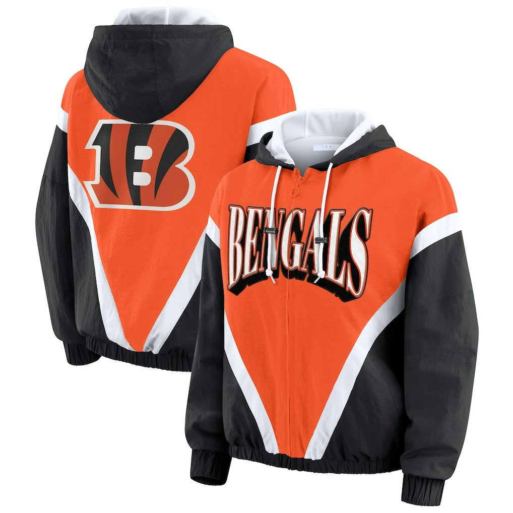 Cincinnati Bengals WEAR by Erin Andrews Women's Retro Crinkle Full-Zip Hoodie Windbreaker - Orange/Black discount