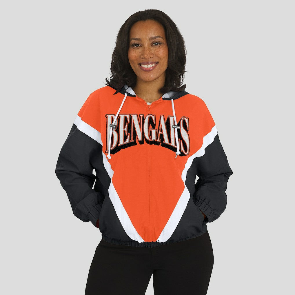 Cincinnati Bengals WEAR by Erin Andrews Women's Retro Crinkle Full-Zip Hoodie Windbreaker - Orange/Black discount